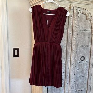 Express Burgundy Pleated V-Neck Mini Dress